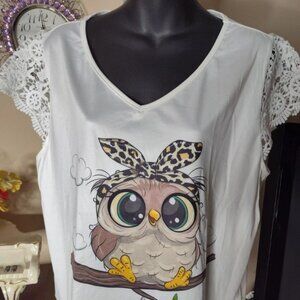 Casual V-neck T-shirt Top Owl Print Lace Trim Sleeveless Size XXL